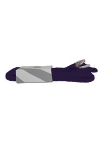 Guante de jardinería de color púrpura marino con un puño gris que presenta rayas diagonales; tres acentos plateados en los dedos para mejorar el agarre.