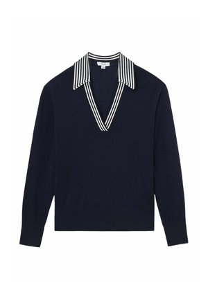 Tumesinine kampsun sügava V-kaelusega ja triibulise valge kraega. Disaini lõpetavad pikad varrukad ja kujundatud äärepidi.