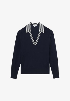 Tumesinine kampsun sügava V-kaelusega ja triibulise valge kraega. Disaini lõpetavad pikad varrukad ja kujundatud äärepidi.