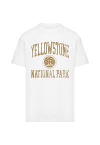 White T-shirt with distressed gold text "Yellowstone National Park" and a circular logo featuring a geyser and the year 1872.