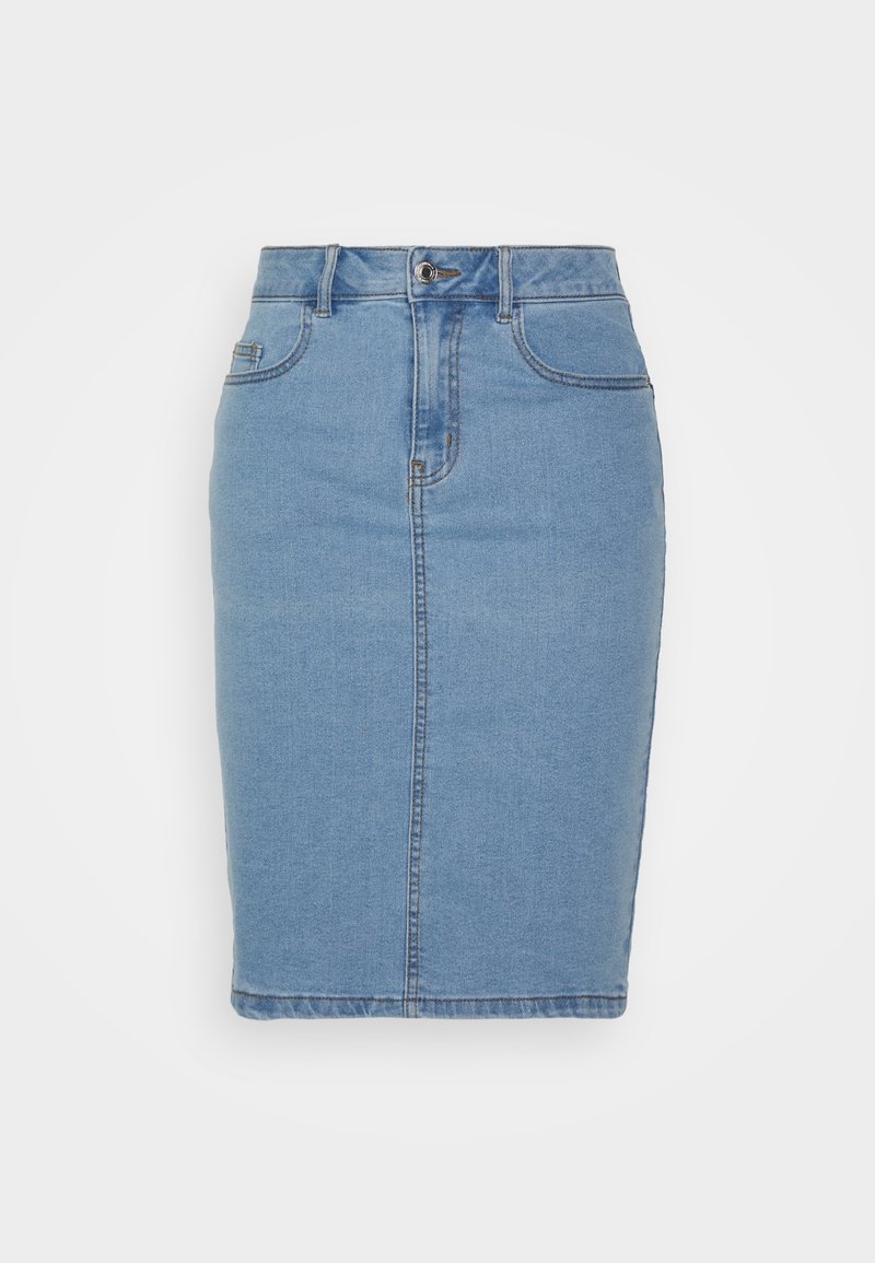 Denim pencil skirt in light blue, featuring a high waist, front button closure, and two back pockets. Smooth texture with visible stitching details.