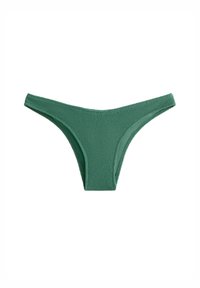 Costume da bagno verde con parte inferiore in tessuto testurizzato, caratterizzato da un design a vita bassa e sottili bretelle laterali. Fodera interna liscia per il comfort.