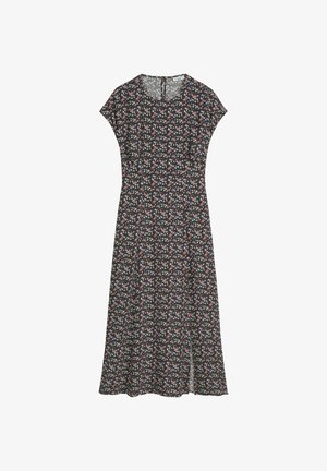 Schwarzes Midikleid mit kurzen Ärmeln und kleinem Blumenmuster in Pink, Blau und Weiß, ausgestattet mit rundem Ausschnitt und Knopfverschluss auf der Rückseite.