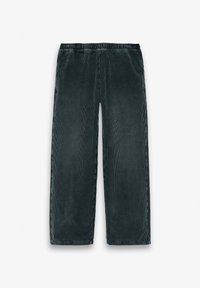 Σκούρο πράσινο παντελόνι από κορντόνι με φαρδιά μπατζάκια, ελαστική μέση και πλαϊνές τσέπες, τοποθετημένο επίπεδα σε λευκό φόντο.