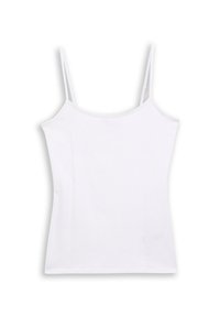 Weiße ärmellose Damen-Camisole mit dünnen verstellbaren Trägern und einem geraden Ausschnitt auf einem einfarbigen Hintergrund.