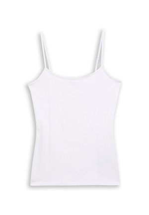 Valkoisen naisen hihaton toppi, jossa on ohuet säädettävät olkaimet ja suora pääntie, yksinkertaisella taustalla.