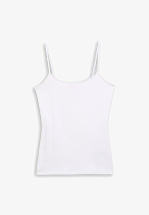 Top bianco senza maniche da donna, con sottili spalline regolabili e scollatura dritta su uno sfondo neutro.