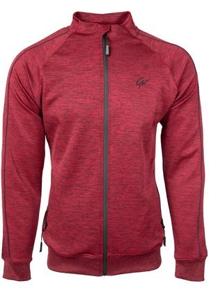 Rode ritsjack gemaakt van textuurstof, met een hoge kraag, zwarte accenten, zijzakken en een logo op de borst.