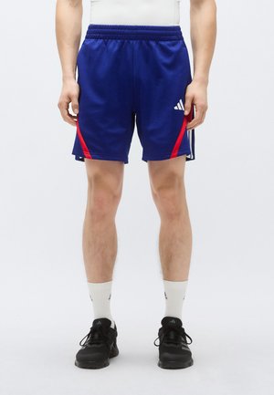 Pantalones cortos deportivos azules con acentos laterales rojos, cintura elástica y logo de Adidas. Combinados con zapatillas negras y calcetines blancos.