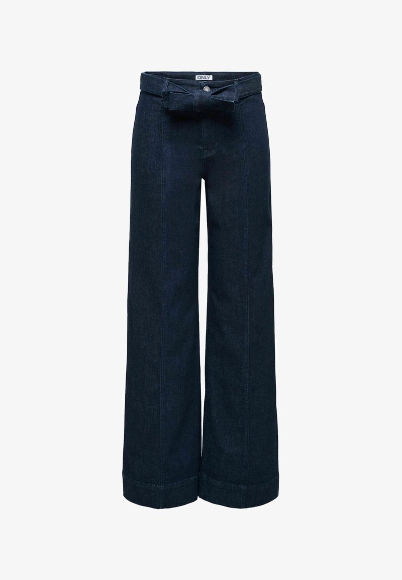 Tamsiai mėlynos spalvos, plačios, aukštu liemeniu džinsinės kelnės su atlenktais kraštais ir prie jo priderintu audinio diržu, surištu lankeliu ties juosmeniu.