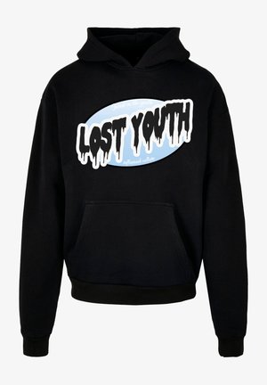 Sweatshirt à capuche noir avec une poche kangourou à l'avant, présentant un graphique ovale bleu avec le texte "LOST YOUTH" en lettres blanches dégoulinantes.