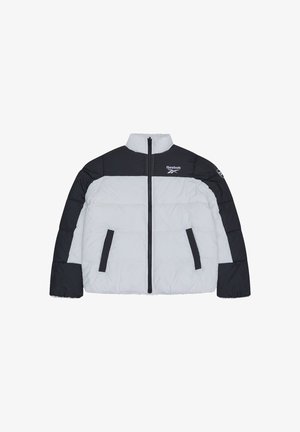 Chaqueta acolchada Reebok en negro y gris claro, con cuello alto, cremallera frontal y dos bolsillos laterales. Acolchada, con un diseño contrastado.