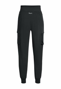 Pantalones cargo negros con cintura elástica, que cuentan con bolsillos laterales y un diseño de pierna ligeramente ajustado. Confeccionados con un material ligero y transpirable.