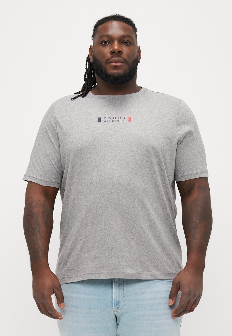 Szara koszulka z krótkim rękawem z bawełny. Posiada logo "TOMMY HILFIGER" w kolorze niebieskim, czerwonym i białym, umieszczone na środku klatki piersiowej. Casualowy, luźny krój.