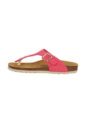 Pink suede flip-flop sandal featuring a buckle, cork footbed, and rubber outsole, with a sleek design and minimal detailing.