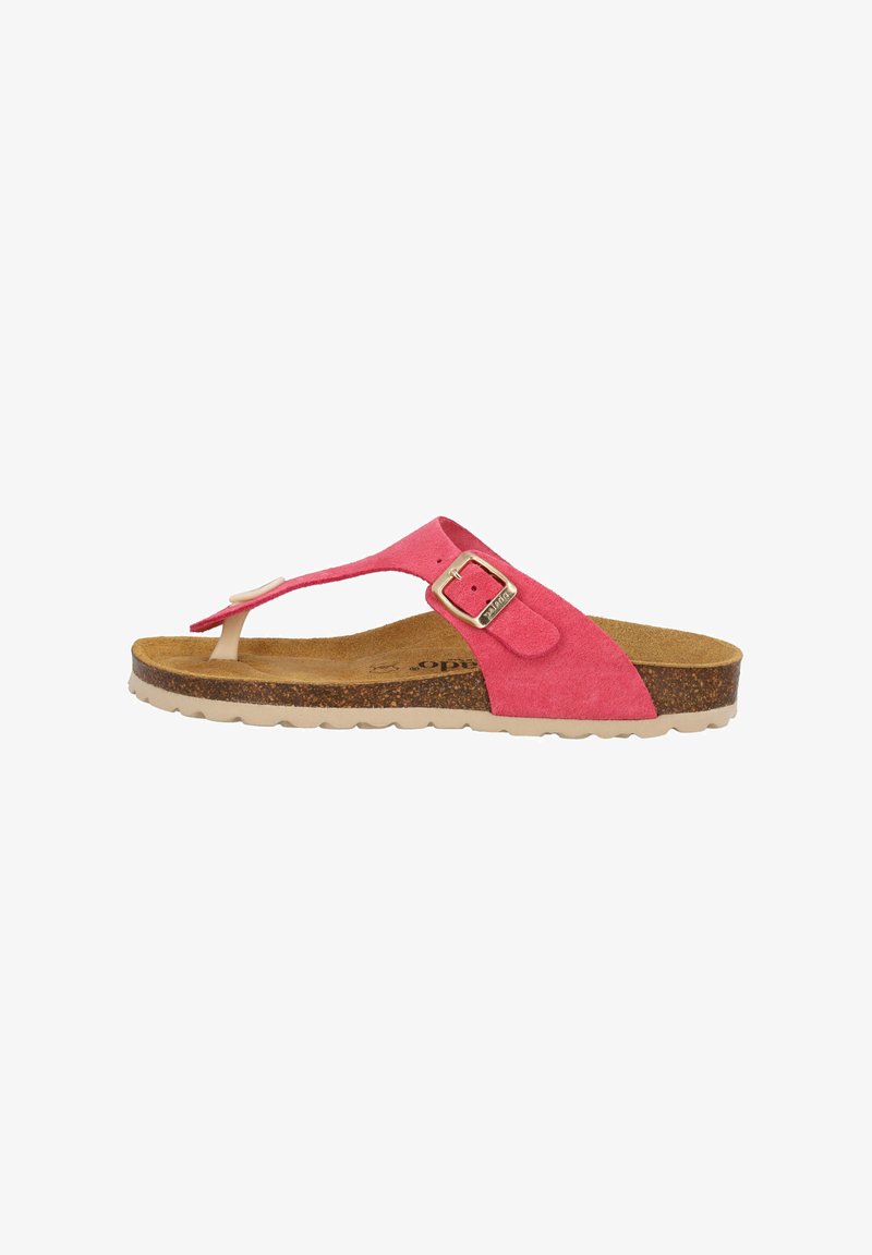 Lyserød ruskind flip-flop sandal med spænde, kork-fodbund og gummiydersål, med et slankt design og minimal dekoration.
