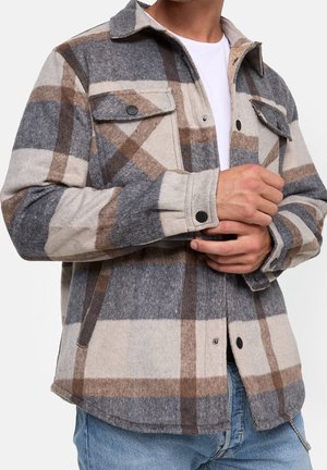 Man wearing beige, gray, and brown plaid button-up shirt jacket with flap pockets, over a white t-shirt and blue jeans.