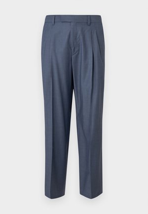 Pantaloni eleganti blu a pieghe realizzati in un tessuto liscio e leggero. Presentano una vestibilità sartoriale, passanti per cintura e un design pulito e minimalista.