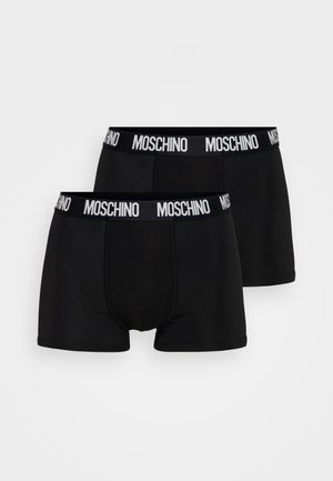 Black boxer shorts with a white Moschino logo on the elastic waistband. Smooth fabric, fitted design, and mid-thigh length. Two pieces included.
