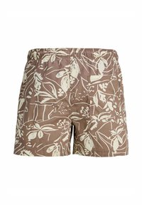 Costume da bagno marrone a fantasia realizzato in tessuto leggero. Presenta un motivo floreale bianco, una cintura elasticizzata e una tasca sul retro.