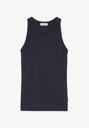 Canotta blu navy realizzata in tessuto morbido, caratterizzata da un colletto a girocollo, design senza maniche e vestibilità slim, con dettagli di cucitura sottili.