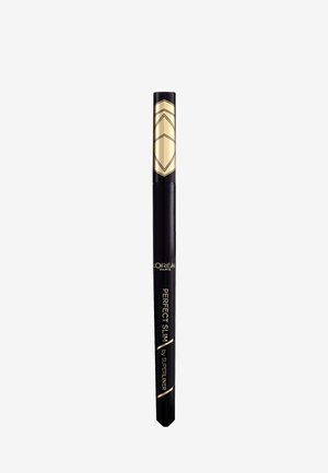 Crayon eye noir au design élégant, avec des accents dorés et un motif géométrique sur le capuchon. Présente le logo en texte doré.