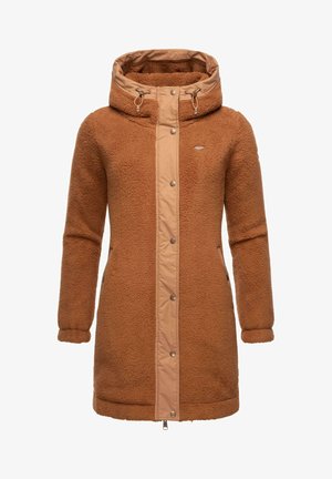 Brown fleece coat with a tan front panel and hood. Features a zip closure, snap buttons, and side pockets. Soft texture throughout.