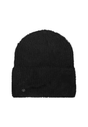 Gorro negro hecho de material suave y aterciopelado. Presenta un puño vuelto y un pequeño acento de logo. Textura simple y lisa en toda su superficie.