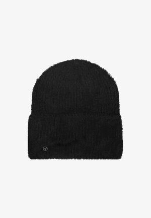 Black beanie made of soft, fuzzy material. Features a turned-up cuff and small logo accent. Simple, smooth texture throughout.