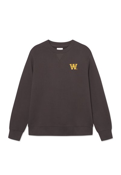 Dark gray sweatshirt made of cotton blend, featuring a crew neckline, ribbed cuffs and hem, and a yellow "W." logo on the chest.