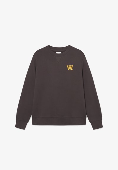 Dark gray sweatshirt made of cotton blend, featuring a crew neckline, ribbed cuffs and hem, and a yellow "W." logo on the chest.