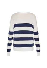 Maglione lavorato a maglia con maniche lunghe, caratterizzato da righe orizzontali alternate blu e bianche, scollo rotondo e vestibilità rilassata.