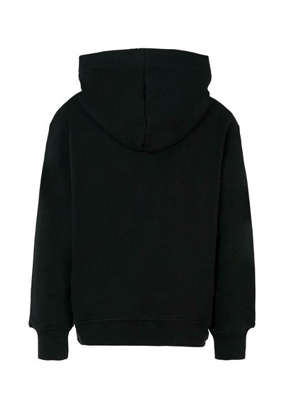 Sweatshirt à capuche noir avec une texture douce, présentant une poche kangourou et des poignets côtelés. La vue de dos met en évidence la capuche.