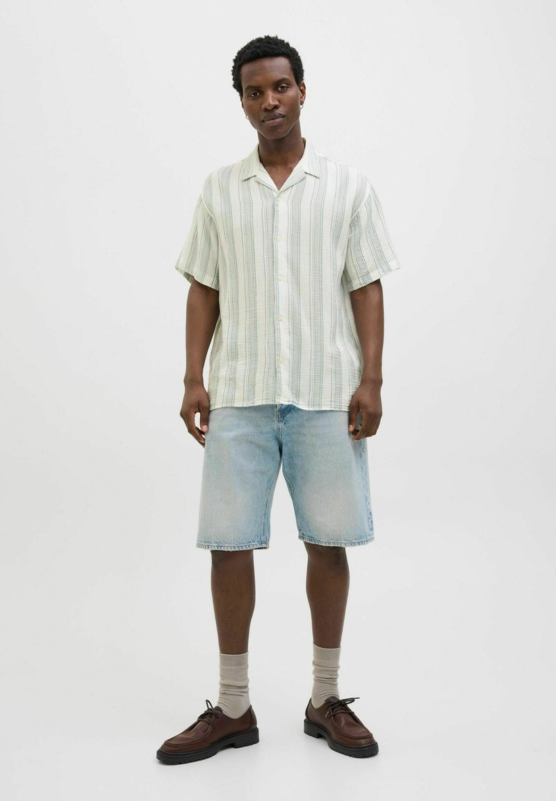 Korte mouwen, overhemd met knopen met verticale groene en witte strepen, gecombineerd met lichtblauwe denimshorts en bruine schoenen. Lichtgrijze sokken.