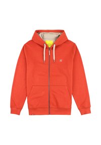 Sweat à capuche rouge avec une doublure beige, poches avant et cordons de serrage. Présente un petit logo sur la poitrine et des poignets et un ourlet côtelés.