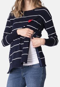 Námořnicky modrý pruhovaný svetr s bílými pruhy, zdobený malým červeným detailem a knoflíkem, nošený přes bílý top a modré džíny.