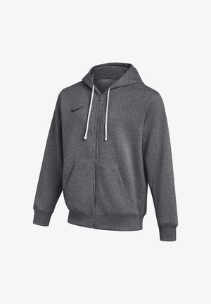 Dark gray zip-up hoodie with white drawstrings, front pockets, ribbed cuffs and hem, and a small black Nike logo on the chest.