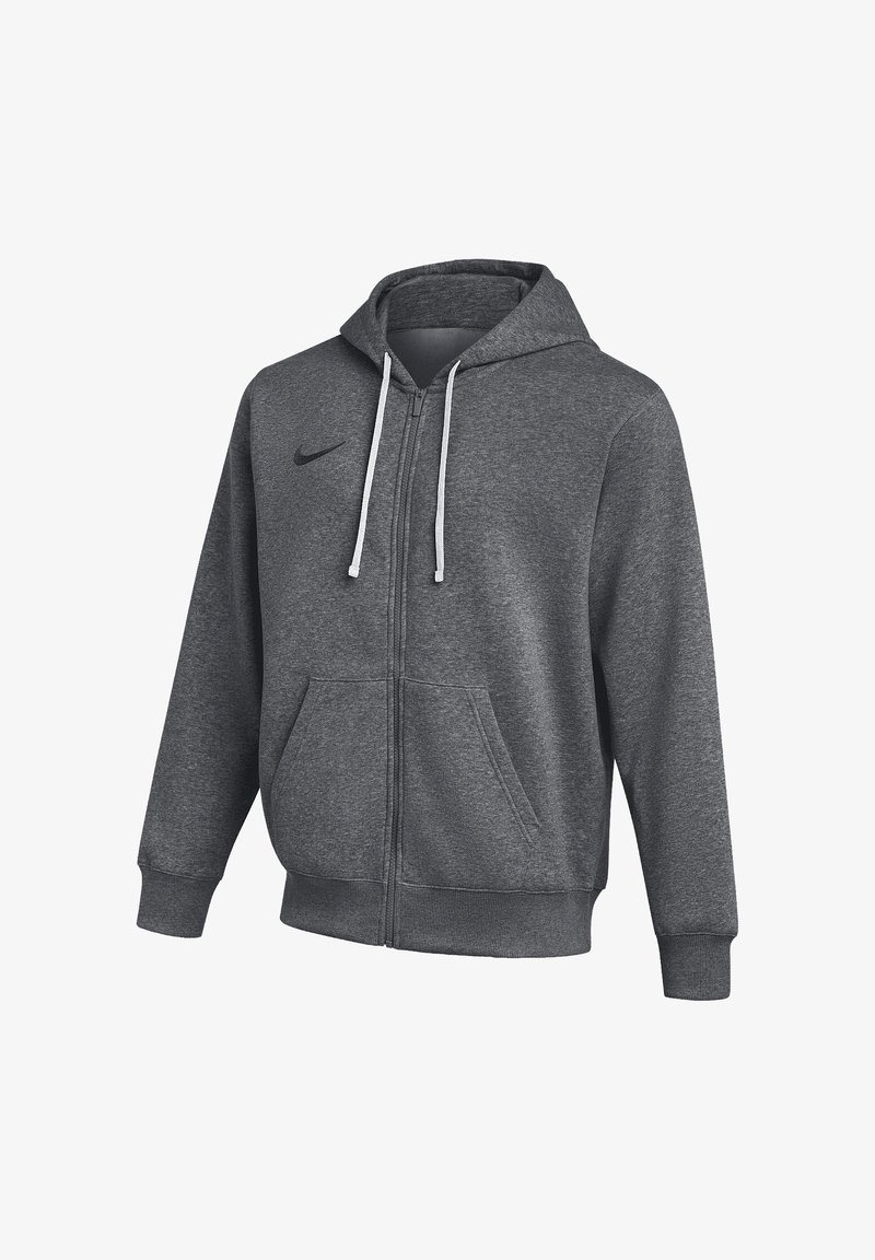 Dunkelgrauer Kapuzenpullover mit Reißverschluss, weißen Kordeln, Fronttaschen, gerippten Bündchen und Saum sowie einem kleinen schwarzen Nike-Logo auf der Brust.
