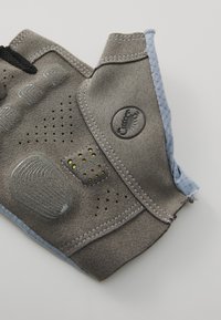 Gray sports glove made of textured fabric, featuring breathable perforations, rubber accents, and a blue padded edge. Circular logo visible.