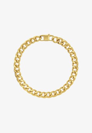 Goldenes Kettenarmband mit ineinandergreifenden ovalen Gliedern und einem Kastenschloss, dargestellt auf weißem Hintergrund.