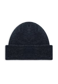 Bonnet en tricot bleu marine foncé avec une texture côtelée et un revers replié. Il présente un sommet arrondi et un design tricoté serré pour la chaleur et le confort.