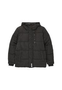 Doudoune noire avec capuche, présentant un design matelassé, des boutons à l'avant et une poche zippée sur la poitrine gauche. Texture douce.