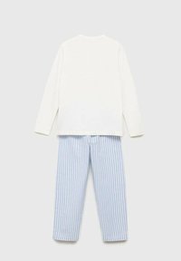 White long-sleeve top with a crew neck, paired with light blue and white striped pants featuring an elastic waistband.