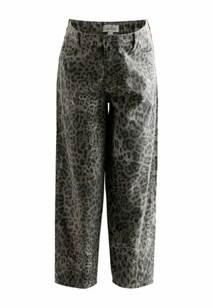 Leopard-print maternity pants in gray and black, featuring a straight cut, front pockets, and a button closure at the waist.