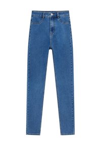 Jeans de mezclilla azul de cintura alta con cinco bolsillos, cierre de botón y un corte ajustado en las piernas. Textura suave, diseño clásico.