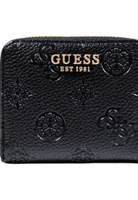 Portafoglio nero con texture, caratterizzato da motivi a logo in rilievo e la scritta "GUESS EST 1981" in hardware dorato sulla parte anteriore. Chiusura con zip lungo la parte superiore.