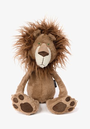 Braunes Plüschlöwentier mit einem strukturierten Körper, einem strubbeligen Mähnen und großen Pfotendetails. Grüne Augen und ein cremiges Gesicht runden das Design ab.