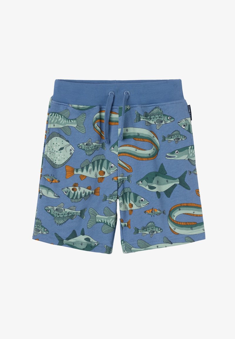 Blauwe stof zwemshorts met een verscheidenheid aan vispatronen in groen, oranje en grijs, voorzien van een elastische tailleband en een trekkoord.