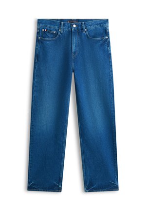 Blauwe spijkerbroek met rechte pasvorm, ontwerp met vijf zakken en metalen knoopsluiting. Gladde textuur en gelijkmatige vervaging overal.