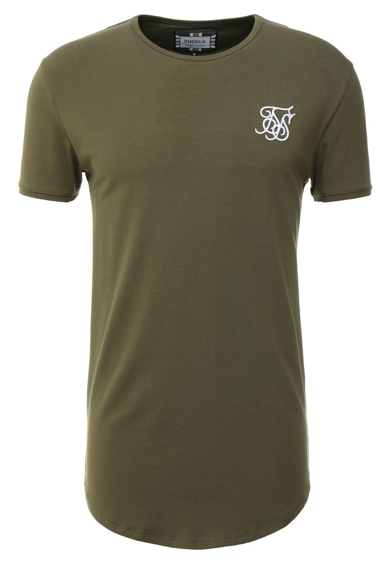 Olivgrön t-shirt i bomull, med korta ärmar, rund halsringning och en vit broderad logotyp på vänster bröst.